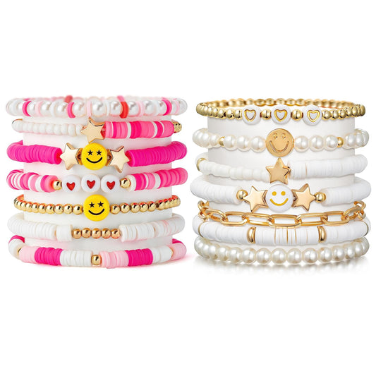 Preppy Bracelets Set Colorful White Gold Smile Heart Star Polymer Beaded Pearl Clay Stackable Charm Y2K Kidcore Aesthetic Summer Beach Bohemian Stretch Layering Bracelets Jewelry for Girls Women Teens