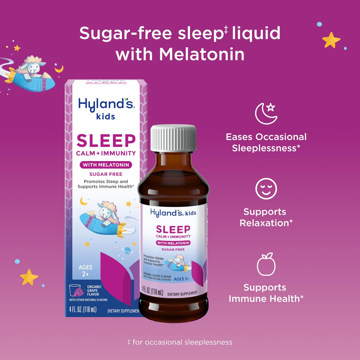 Hyland's Kids Melatonin-Free Organic Sleep Calm and Immunity Liquid, Sugar-Free, Promotes Sleep and Supports Immune Health, Ages 2 and up, Grape Flavor, 4 Fl. Oz.