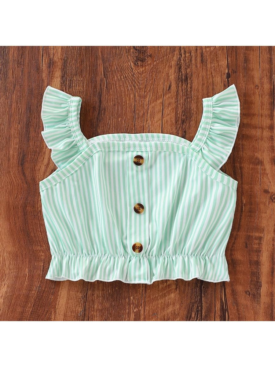 Kids Toddler Girls Summer Clothes Button Design Striped Tank Top + Floral-Print Elastic Shorts 2 Piece