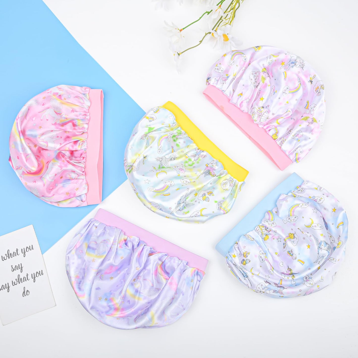 3 Pieces Kids Satin Bonnet Dinosaur Wide Elastic Band Sleeping Cap Soft Silk Double Layer Night Hair Hats for Teens Toddler Child Baby