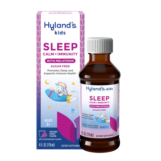 Hyland's Kids Melatonin-Free Organic Sleep Calm and Immunity Liquid, Sugar-Free, Promotes Sleep and Supports Immune Health, Ages 2 and up, Grape Flavor, 4 Fl. Oz.