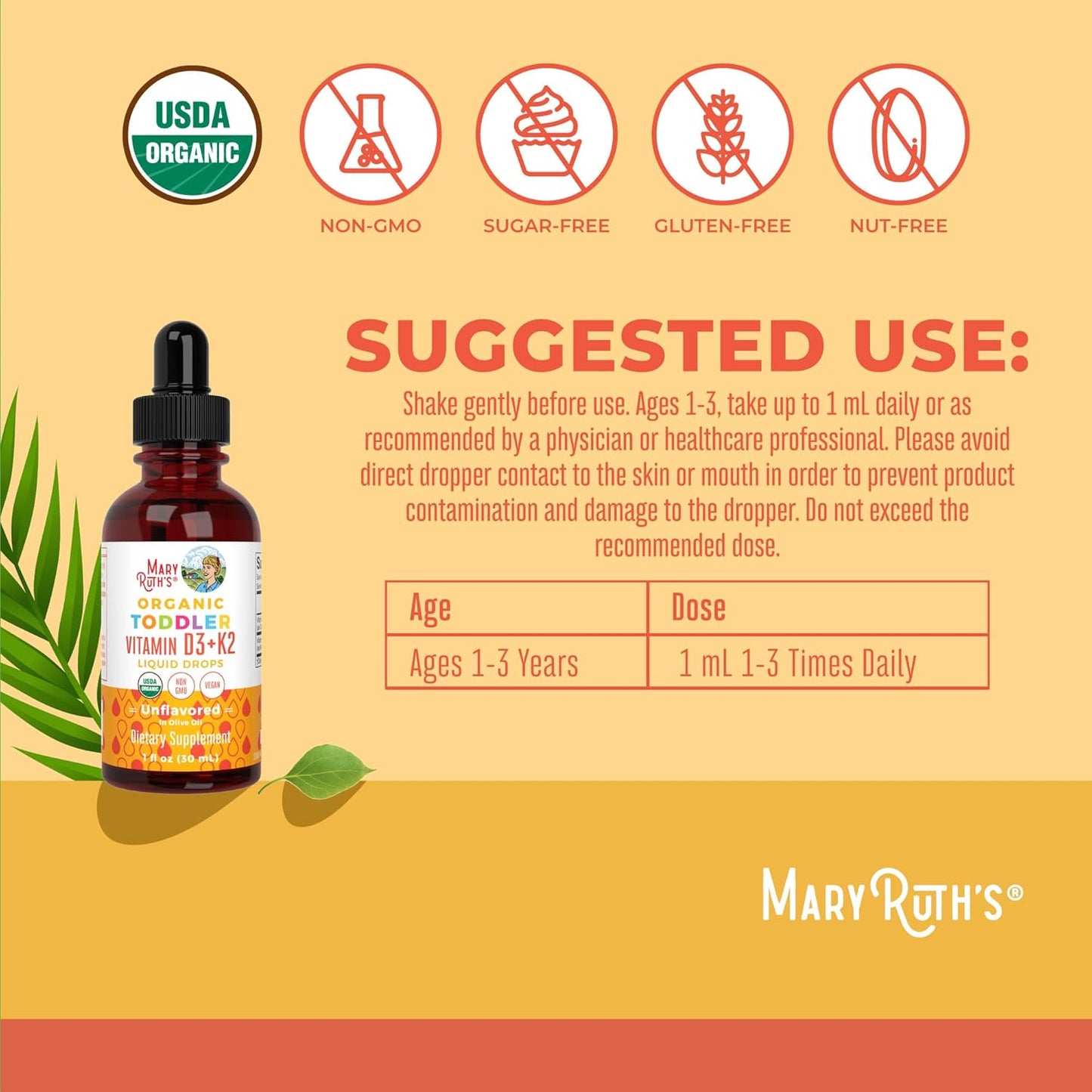 MaryRuth Organics Vitamin D3 | Vitamin K2 | Vitamin D3 K2 Drops | K2 D3 Vitamin Liquid Supplement for Toddlers | Kids Supplement for Calcium Absorption Strong Bones | Vegan | Gluten Free | 1 Fl Oz