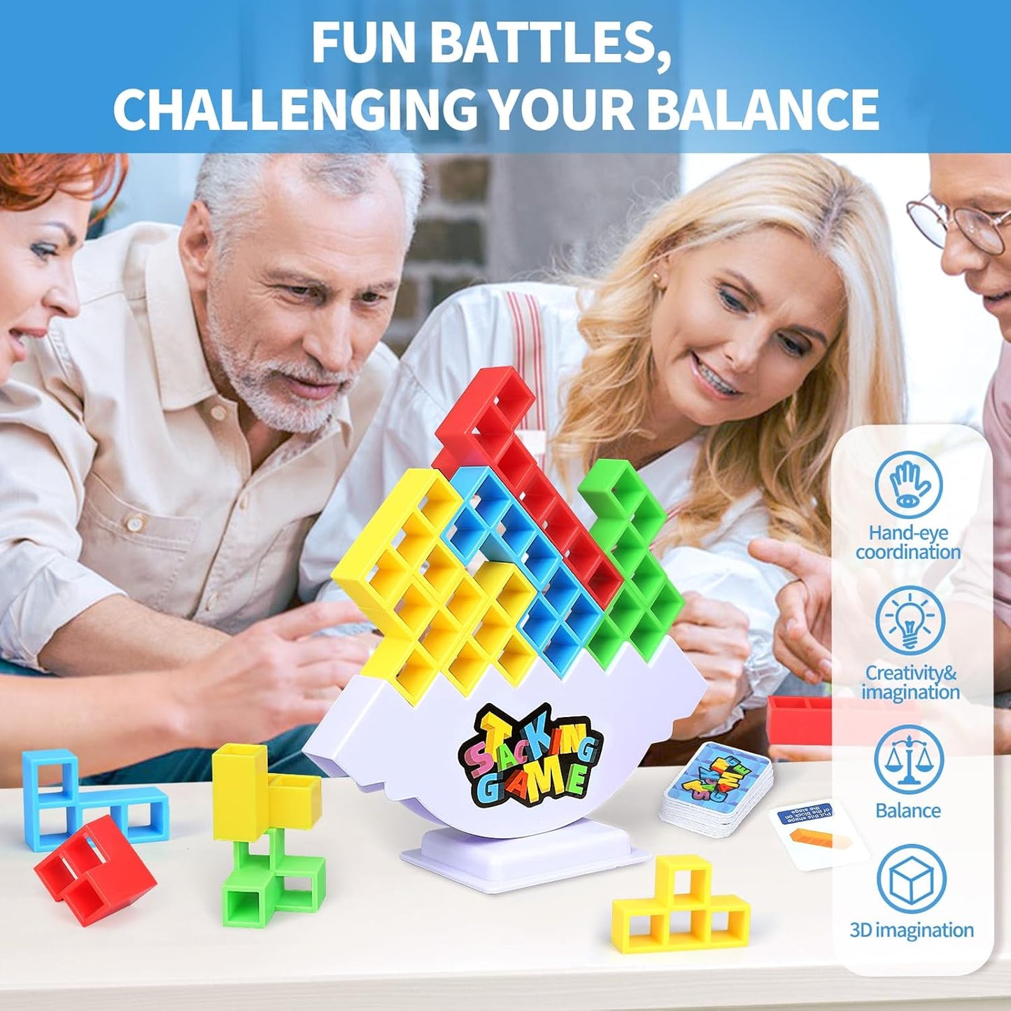 48PCS Stack Attack Game for Adult & Kids, Tetra Board Tower Games for Family Travel Party, 2 Players Balance Stacking Toy, Team Toys Building Block