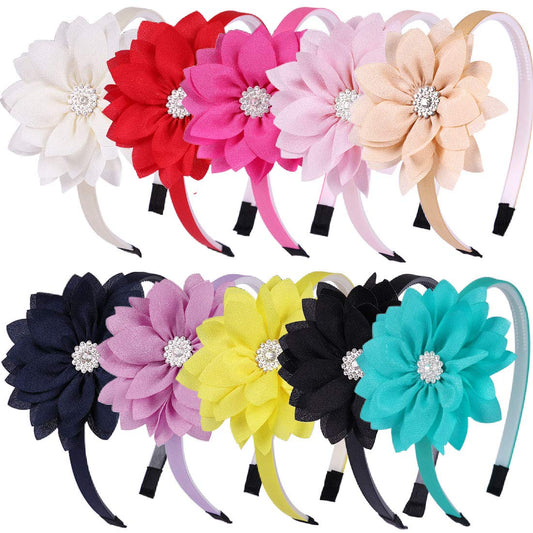 WANYU 10 Pcs Flower Bow Headbands For Girls,Toddler Headbands Chiffon Floral Kids Hair Bands Sparkle Cute 3.5 inch Bow Headpiece-Diademas Para Niñas1