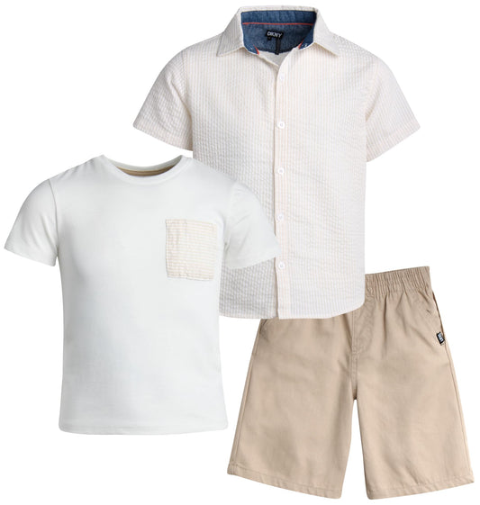 DKNY Boys' Short Set - 3 Piece Short Sleeve Button Down Shirt, Crew Neck T-Shirt, and Twill Shorts for Boys (Sizes: 2T-7)