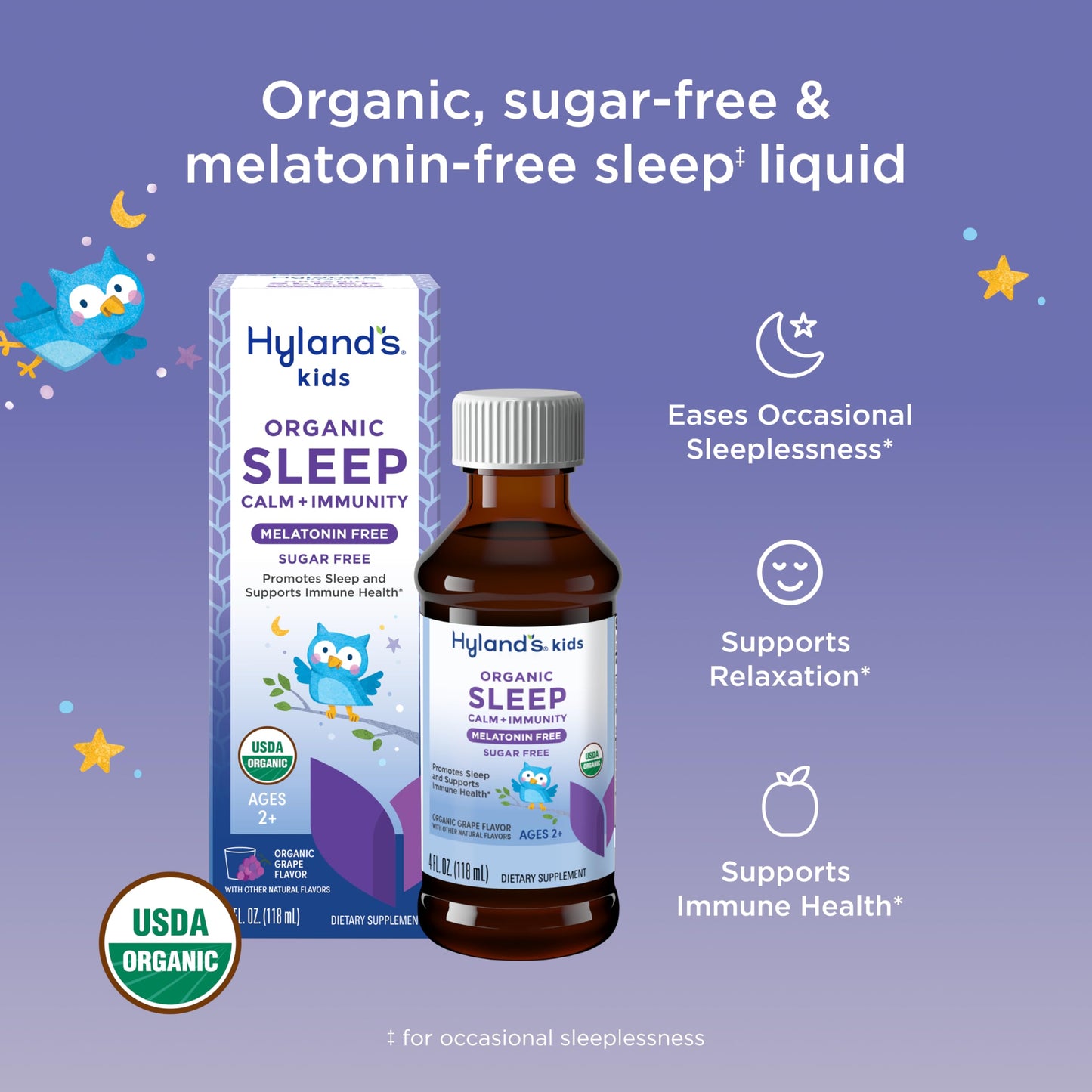 Hyland's Kids Melatonin-Free Organic Sleep Calm and Immunity Liquid, Sugar-Free, Promotes Sleep and Supports Immune Health, Ages 2 and up, Grape Flavor, 4 Fl. Oz.