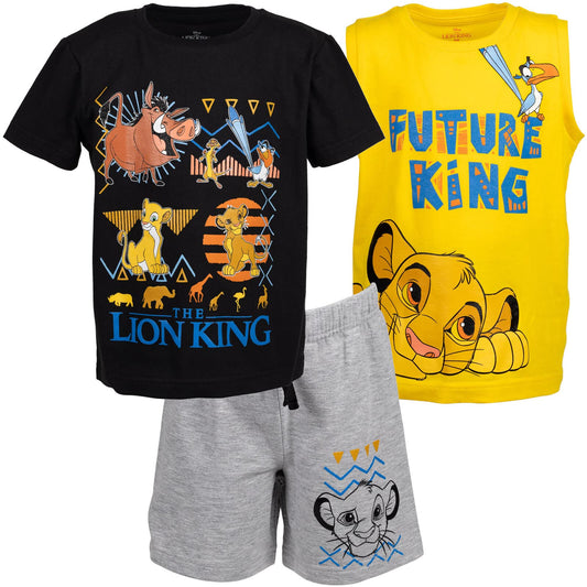 Disney Lion King Toy Story Mickey Mouse Cars T-Shirt Tank Top and French Terry Shorts 3 Piece Outfit Set Toddler to Big Kid
