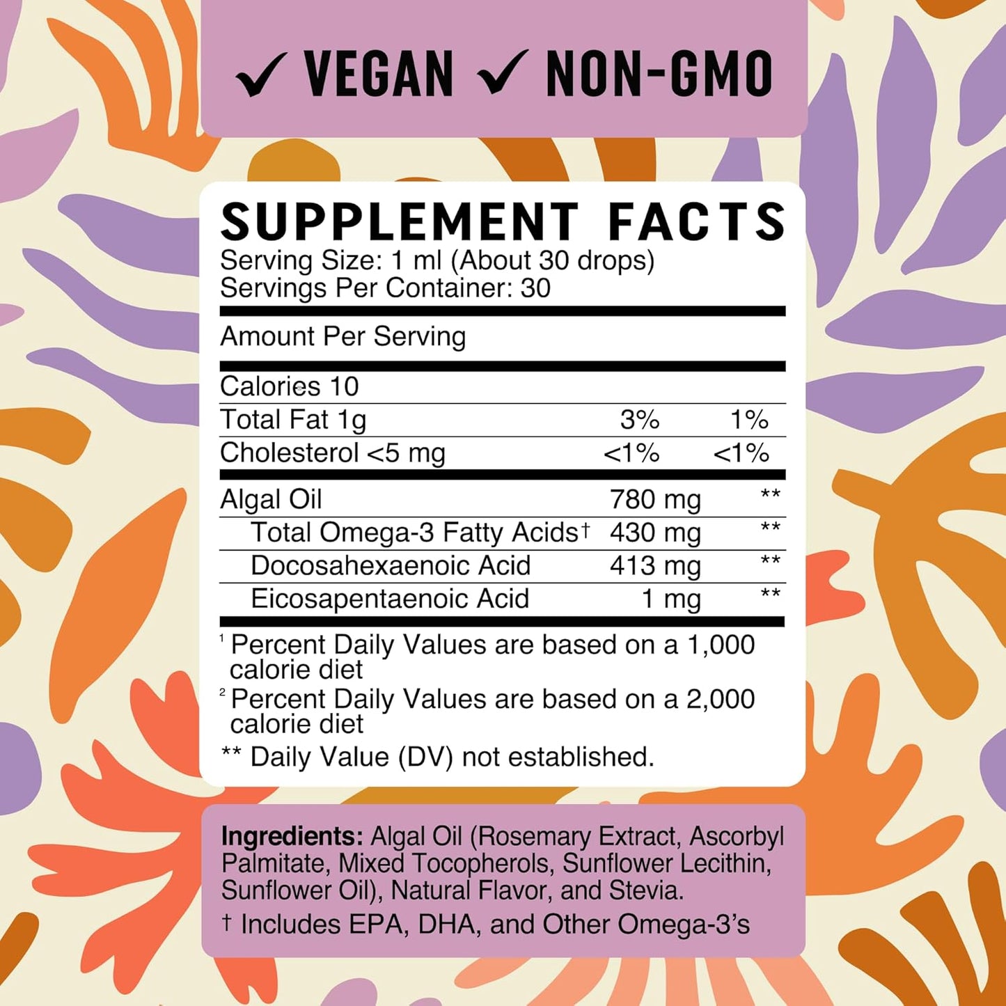 Vegan Omega 3 Liquid Drops for Kids with Algae Oil & Vegan DHA | Fruit Flavor | Immune, Eye, and Brain Support for Children Age 2+ | Omega 3 | Non-GMO, Third-Party Tested | 1 Fl Oz, 30 Servings
