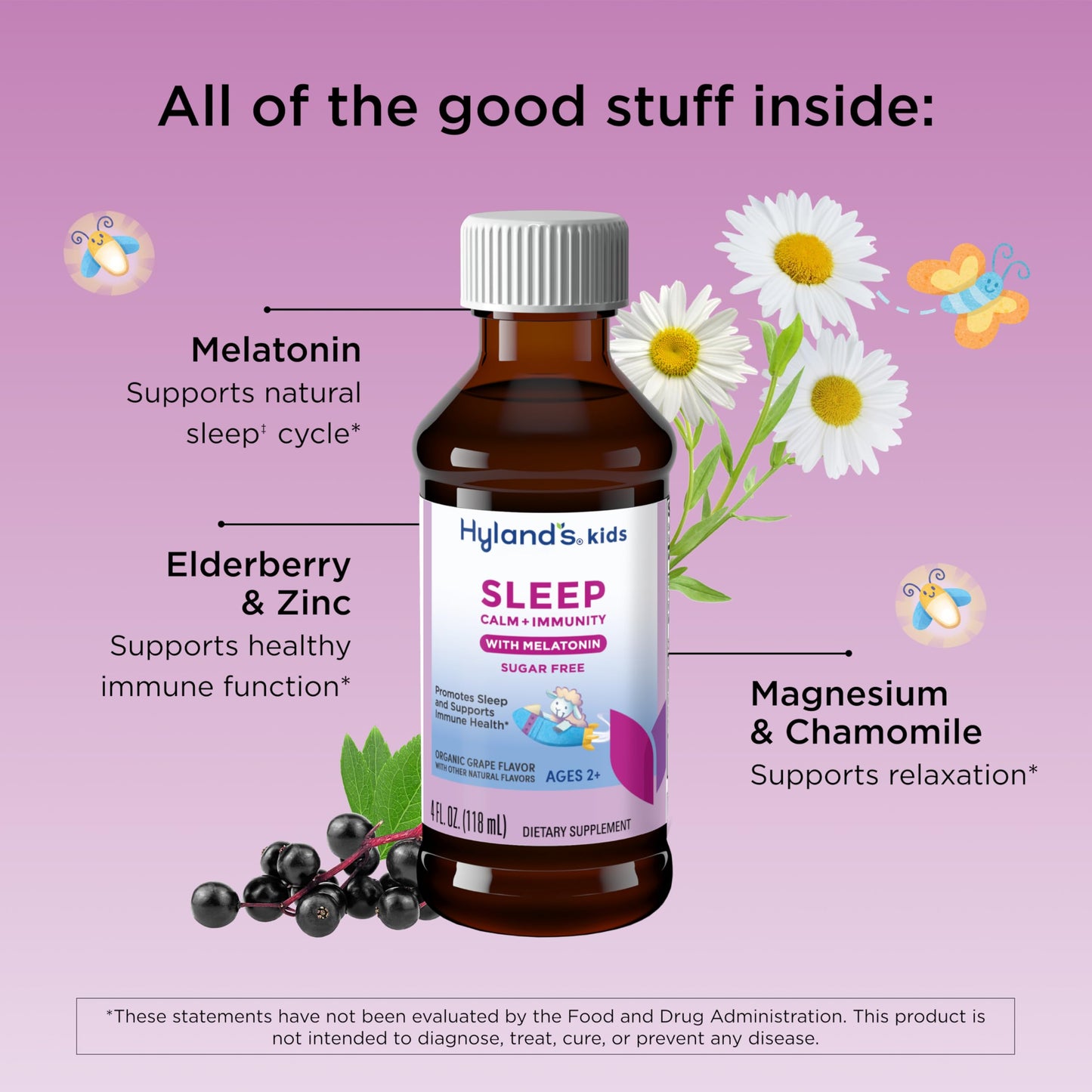 Hyland's Kids Melatonin-Free Organic Sleep Calm and Immunity Liquid, Sugar-Free, Promotes Sleep and Supports Immune Health, Ages 2 and up, Grape Flavor, 4 Fl. Oz.