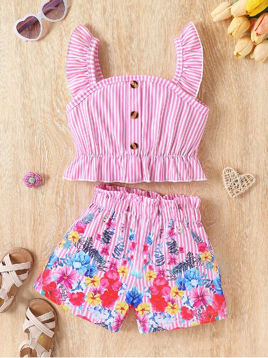 Kids Toddler Girls Summer Clothes Button Design Striped Tank Top + Floral-Print Elastic Shorts 2 Piece