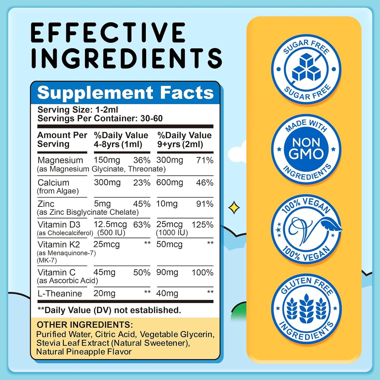 Kids Magnesium Liquid Drops - Magnesium Glycinate Liquid for Kids, L-Threonate Supplement with L-Theanine, Calcium, Zinc, Vitamin D3 K2 for Sleep Calm Relaxation Brain Bones, Pineapple Flavor 2 Fl Oz