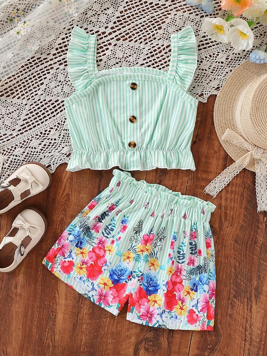 Kids Toddler Girls Summer Clothes Button Design Striped Tank Top + Floral-Print Elastic Shorts 2 Piece