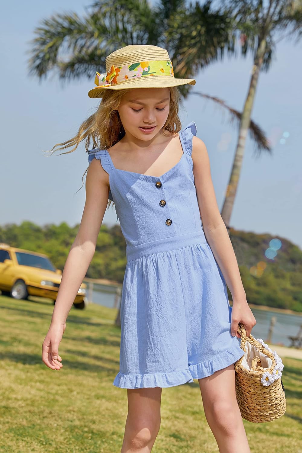 Valphsio Girls Solid Sling Jumpsuits Rompers Flutter Sleeve Button Shorts Overall
