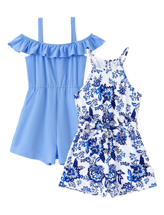PATPAT Girls 2 Pack Rompers Spaghetti Strap Floral Print Short Jumpsuits with Pockets Cute Summer Outfits 5-12 Years