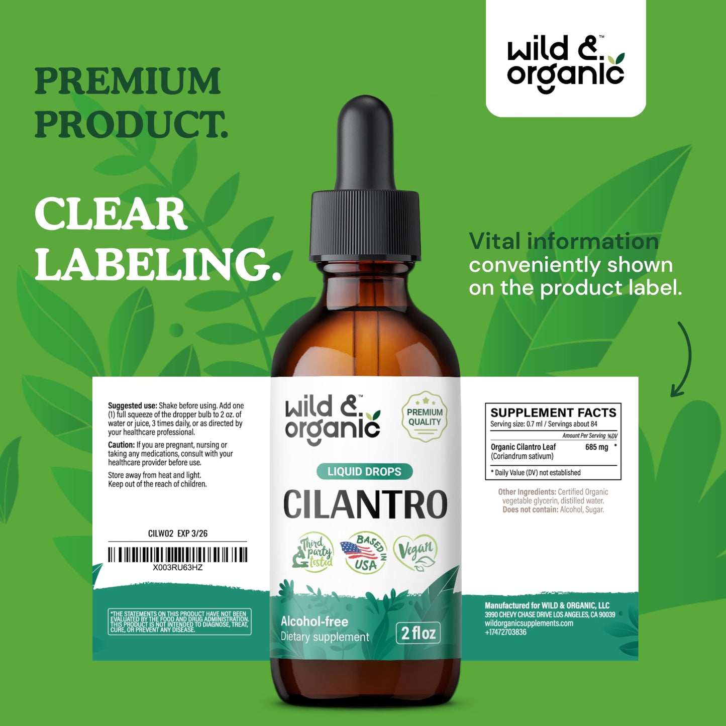 Wild & Organic Cilantro Tincture - Herbal Detox Drops with Cilantro Extract - Liquid Coriander Leaf Supplement - Vegan, Sugar & Alcohol-Free Drops - 4 fl oz