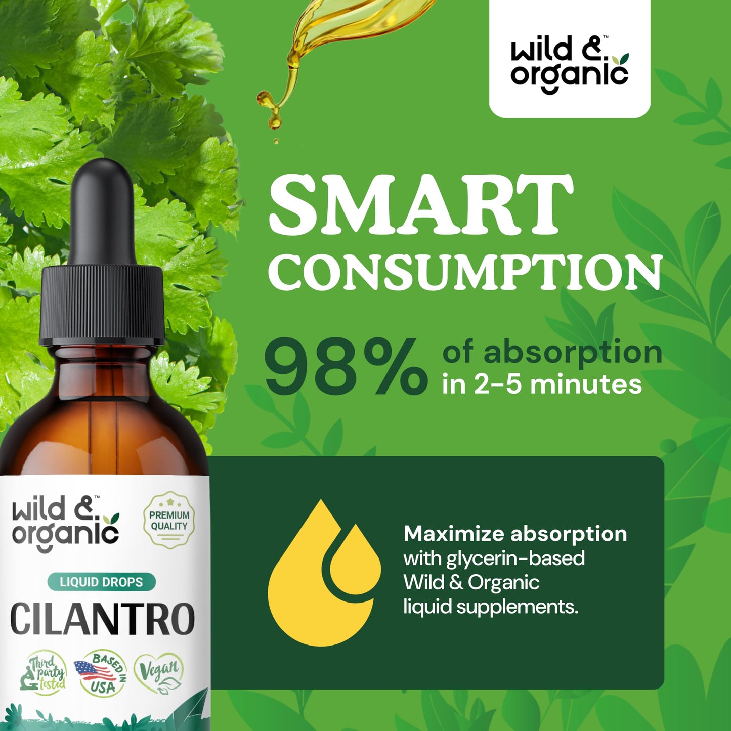 Wild & Organic Cilantro Tincture - Herbal Detox Drops with Cilantro Extract - Liquid Coriander Leaf Supplement - Vegan, Sugar & Alcohol-Free Drops - 4 fl oz