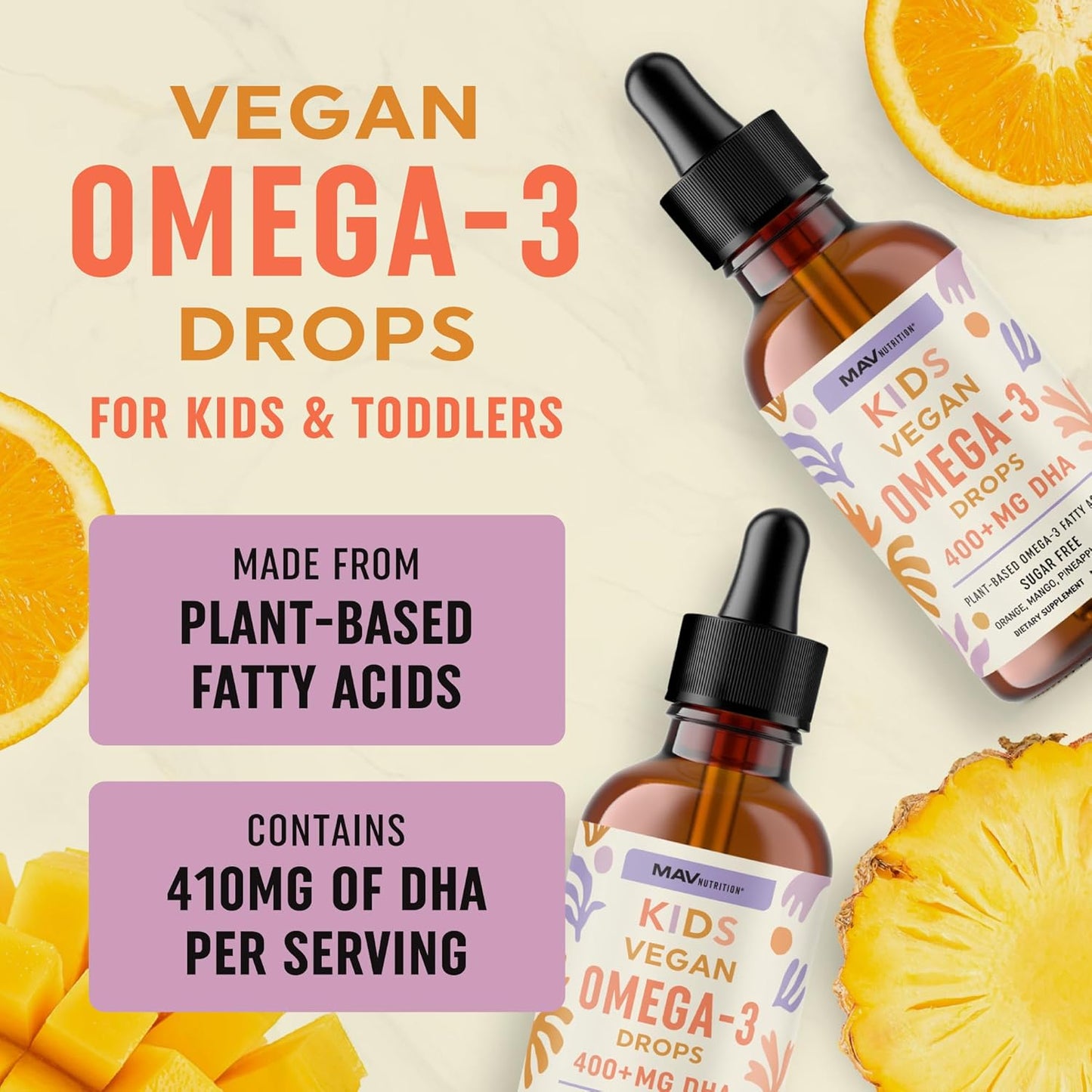 Vegan Omega 3 Liquid Drops for Kids with Algae Oil & Vegan DHA | Fruit Flavor | Immune, Eye, and Brain Support for Children Age 2+ | Omega 3 | Non-GMO, Third-Party Tested | 1 Fl Oz, 30 Servings
