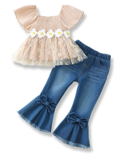 XUANHAO Toddler Girl Clothes Summer Smocked Shirts Tops Denim Bell Bottom Jeans Pants Outfits Kids Girl's Clothing Sets