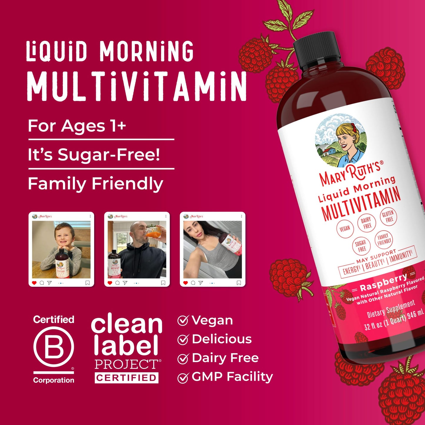 Multivitamin for Women, Men & Kids by MaryRuth's | Liquid Morning Multivitamin | Mens, Womens Vitamins | Vitamin A C D E B6 B12 Biotin Zinc | Beauty | Vegan | Non-GMO | Gluten Free | 32 Servings