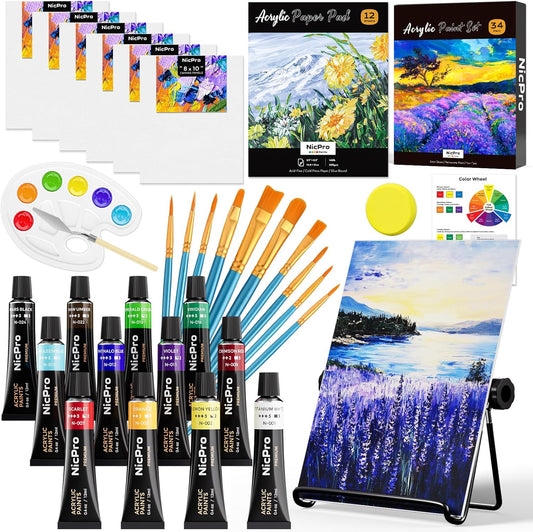 Nicpro Acrylic Paint Canvas Set for Adult & Kid, 34PCS Art Painting Supplies Kit,12 Colors Acrylic Paint,Table Easel,6 Canvas Panels,10 Brushes,Paper Pad,Sponge,Color Wheel,Palette for Artist Beginner