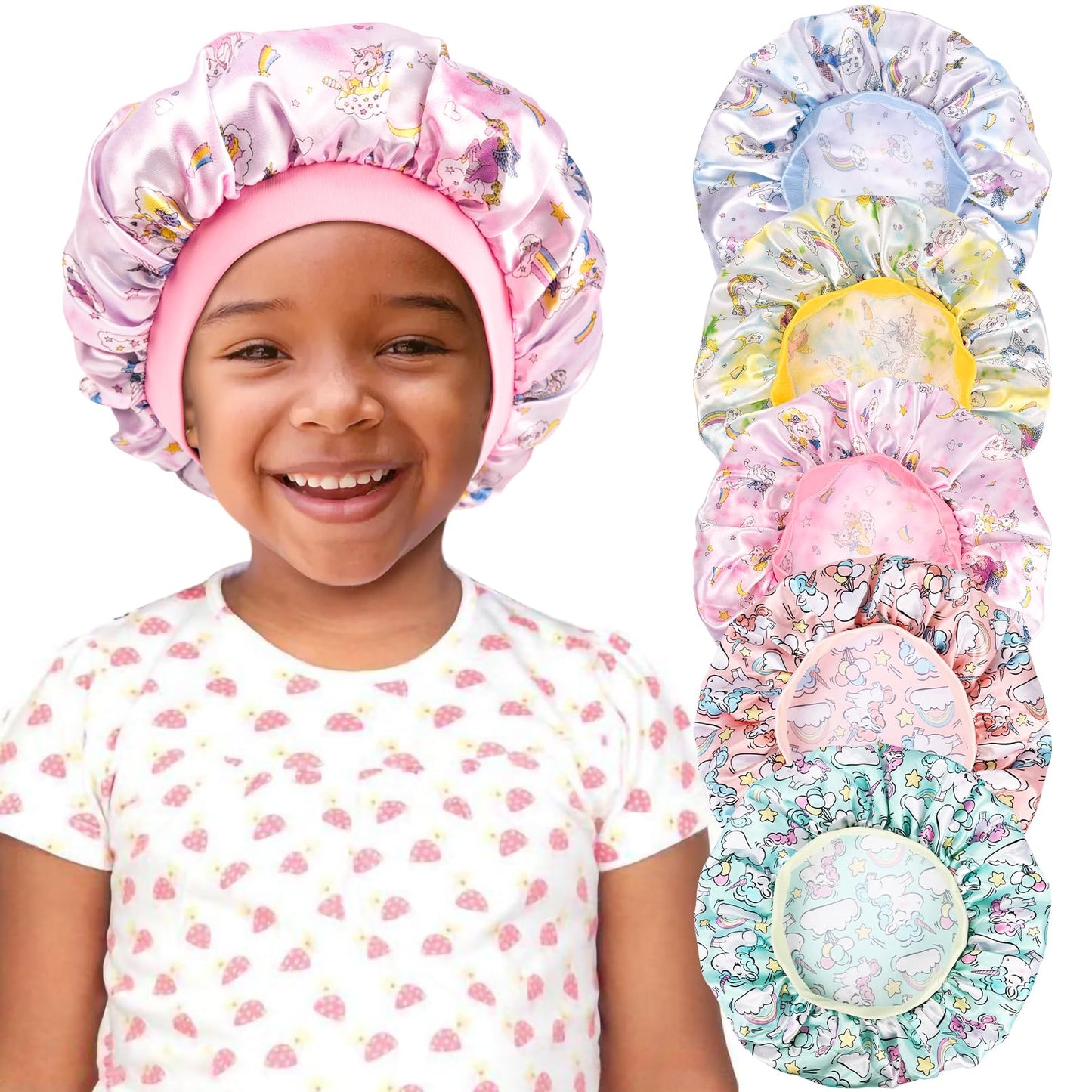 3 Pieces Kids Satin Bonnet Dinosaur Wide Elastic Band Sleeping Cap Soft Silk Double Layer Night Hair Hats for Teens Toddler Child Baby