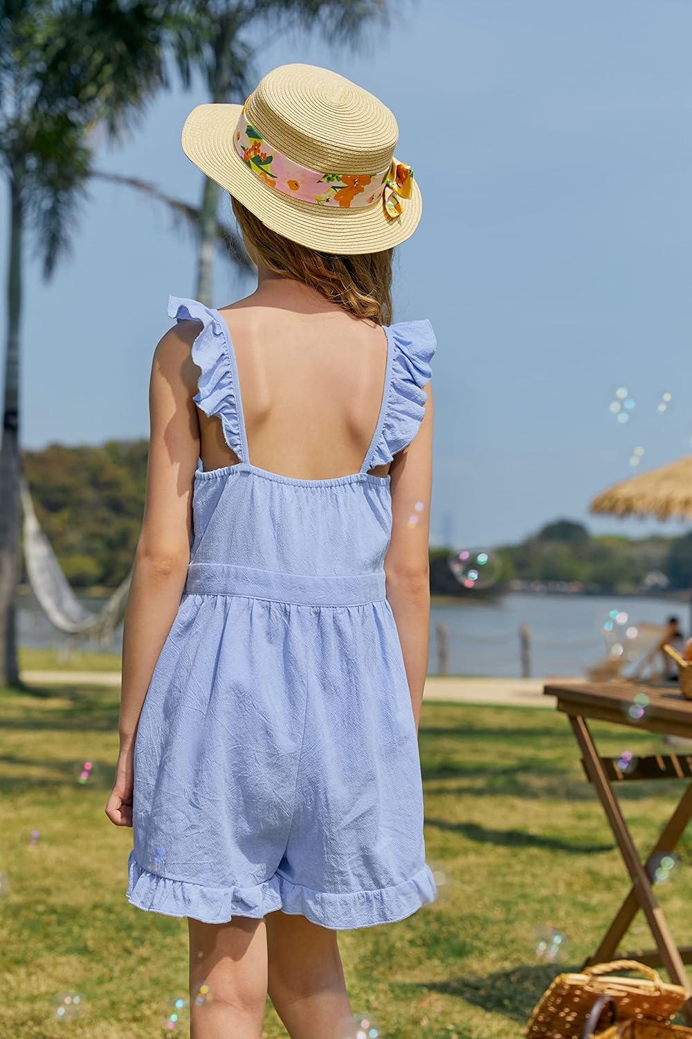 Valphsio Girls Solid Sling Jumpsuits Rompers Flutter Sleeve Button Shorts Overall