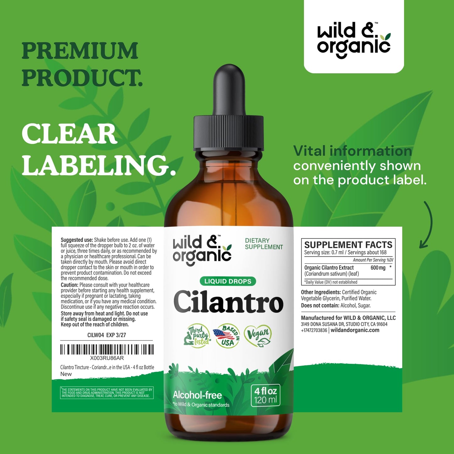 Wild & Organic Cilantro Tincture - Herbal Detox Drops with Cilantro Extract - Liquid Coriander Leaf Supplement - Vegan, Sugar & Alcohol-Free Drops - 4 fl oz