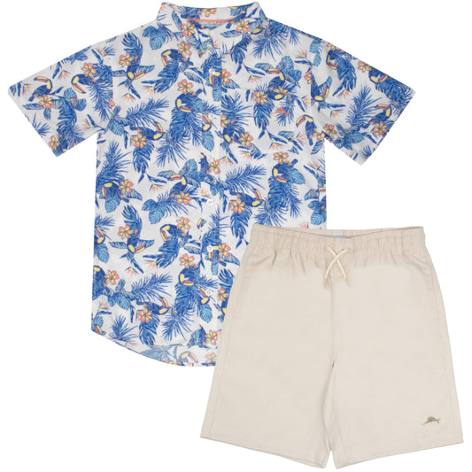 Tommy Bahama Boys Hawaiian Button Down Short Sleeve Shirt & Elastic Waist Shorts Set, Casual 2-Piece Summer Outfit for Kids