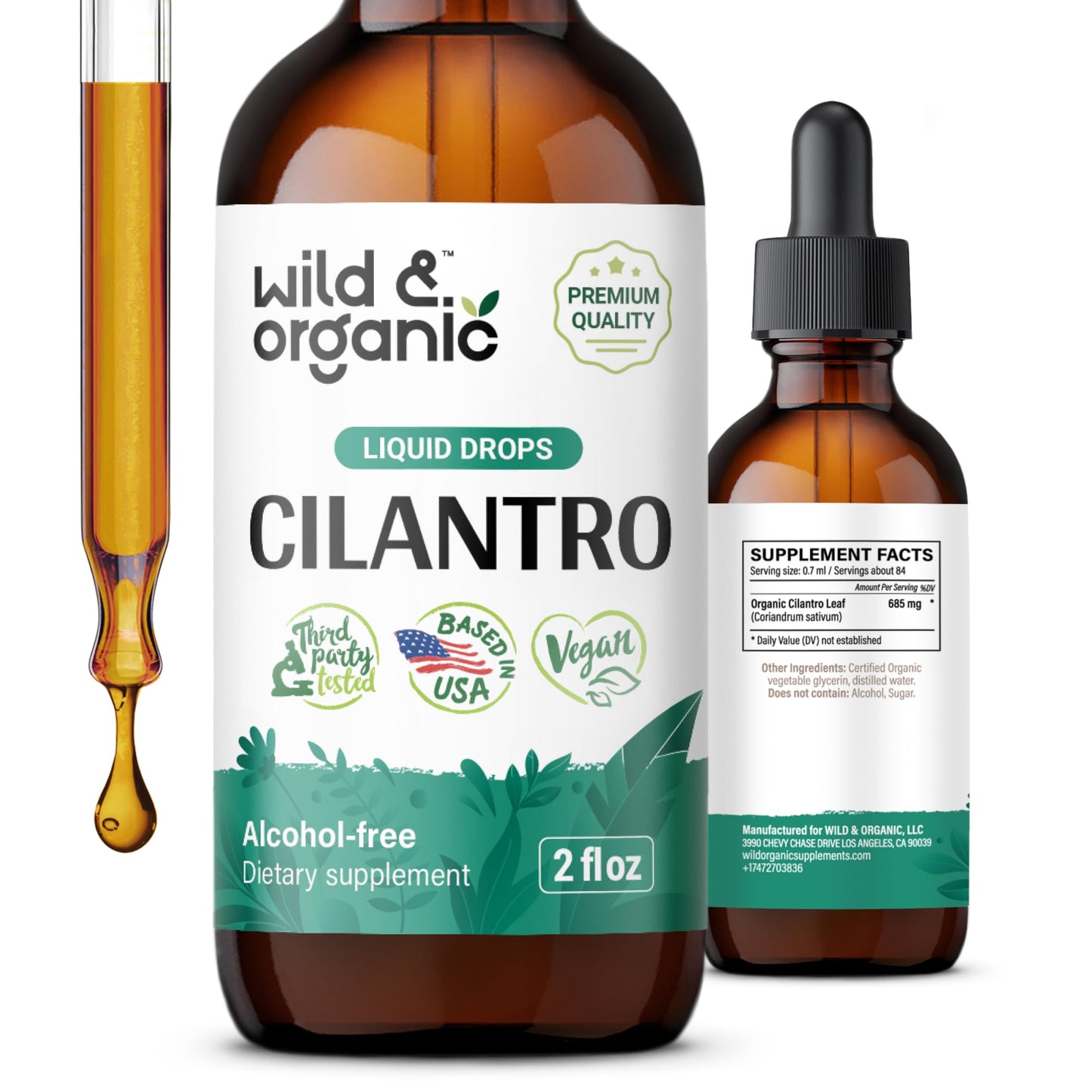 Wild & Organic Cilantro Tincture - Herbal Detox Drops with Cilantro Extract - Liquid Coriander Leaf Supplement - Vegan, Sugar & Alcohol-Free Drops - 4 fl oz