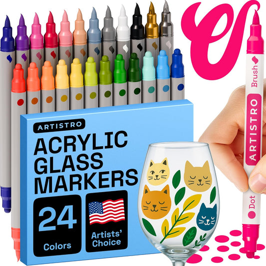 ARTISTRO 24 Dual Tip Acrylic Paint Markers - Washable, Non-Toxic Pens for Glass, Ceramic, and More