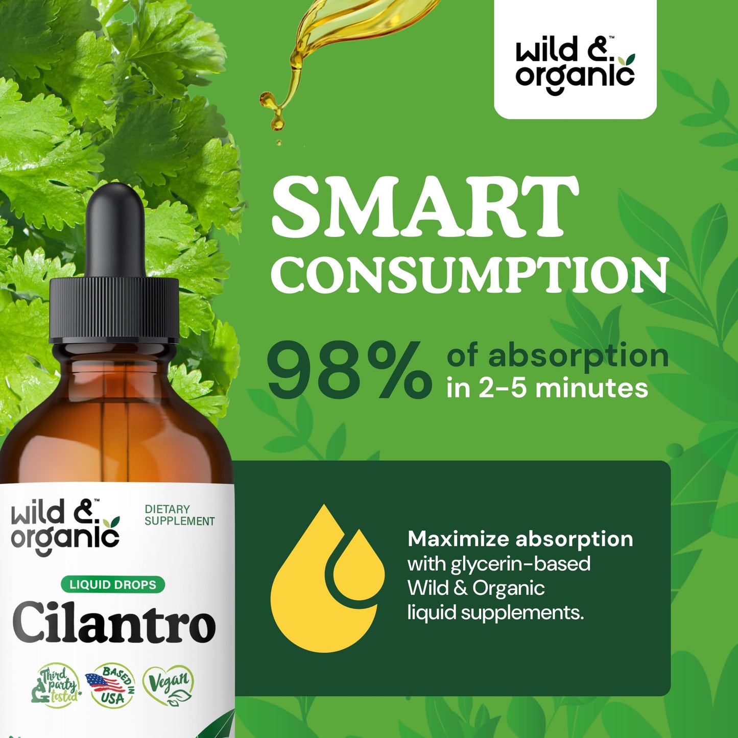 Wild & Organic Cilantro Tincture - Herbal Detox Drops with Cilantro Extract - Liquid Coriander Leaf Supplement - Vegan, Sugar & Alcohol-Free Drops - 4 fl oz