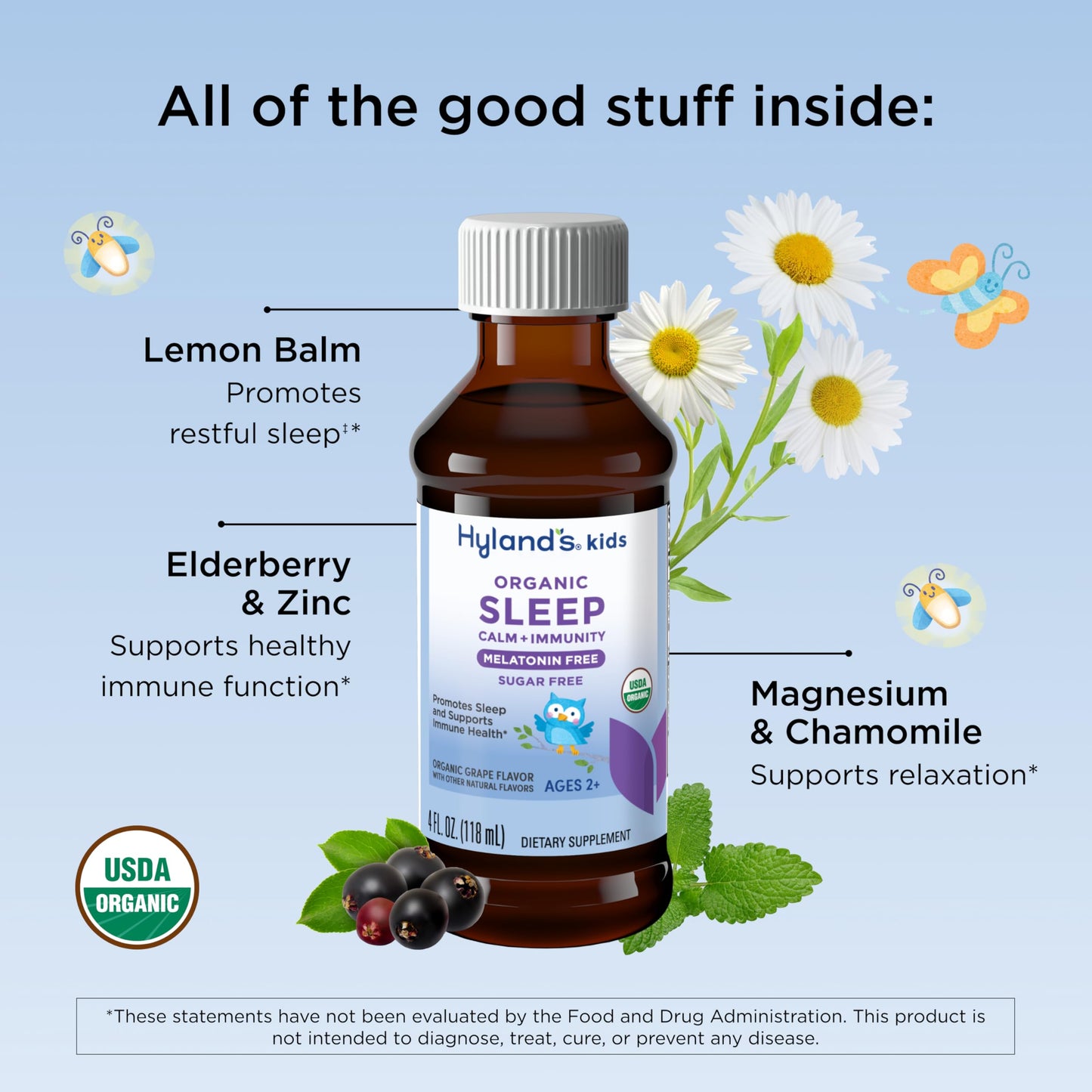 Hyland's Kids Melatonin-Free Organic Sleep Calm and Immunity Liquid, Sugar-Free, Promotes Sleep and Supports Immune Health, Ages 2 and up, Grape Flavor, 4 Fl. Oz.