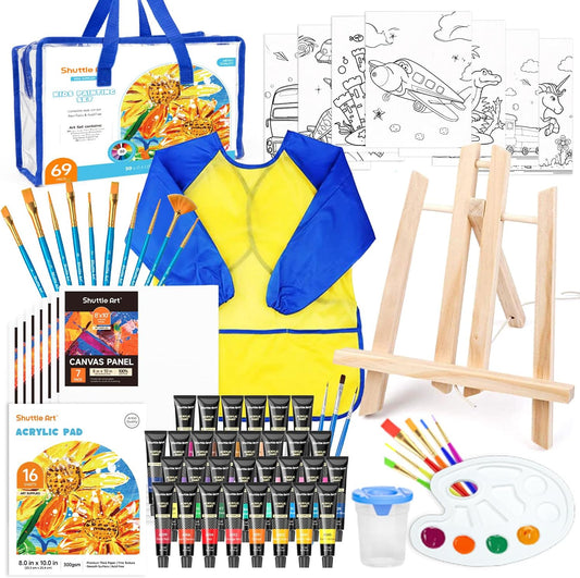 69 Pack Kids Paint Set, Shuttle Art Art Set for Kids with 30 Colors Acrylic Paint, Wood Easel, Canvas, Painting Pad, Brushes, Palette and Smock, Complete Paint Set for Boys and Girls(Package May Very)