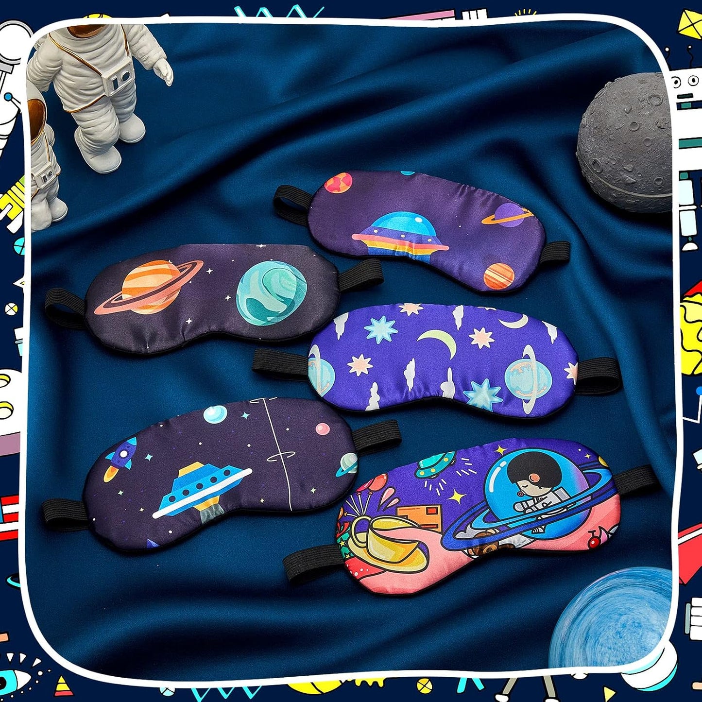 Geyoga 5 Pcs Boys Sleep Masks Planet Kids Sleeping Masks Boys Space Eye Cover Blindfolds Children Travel Eye Shade with Elastic Strap for Sleeping Naps Light Blocking, 5 Styles