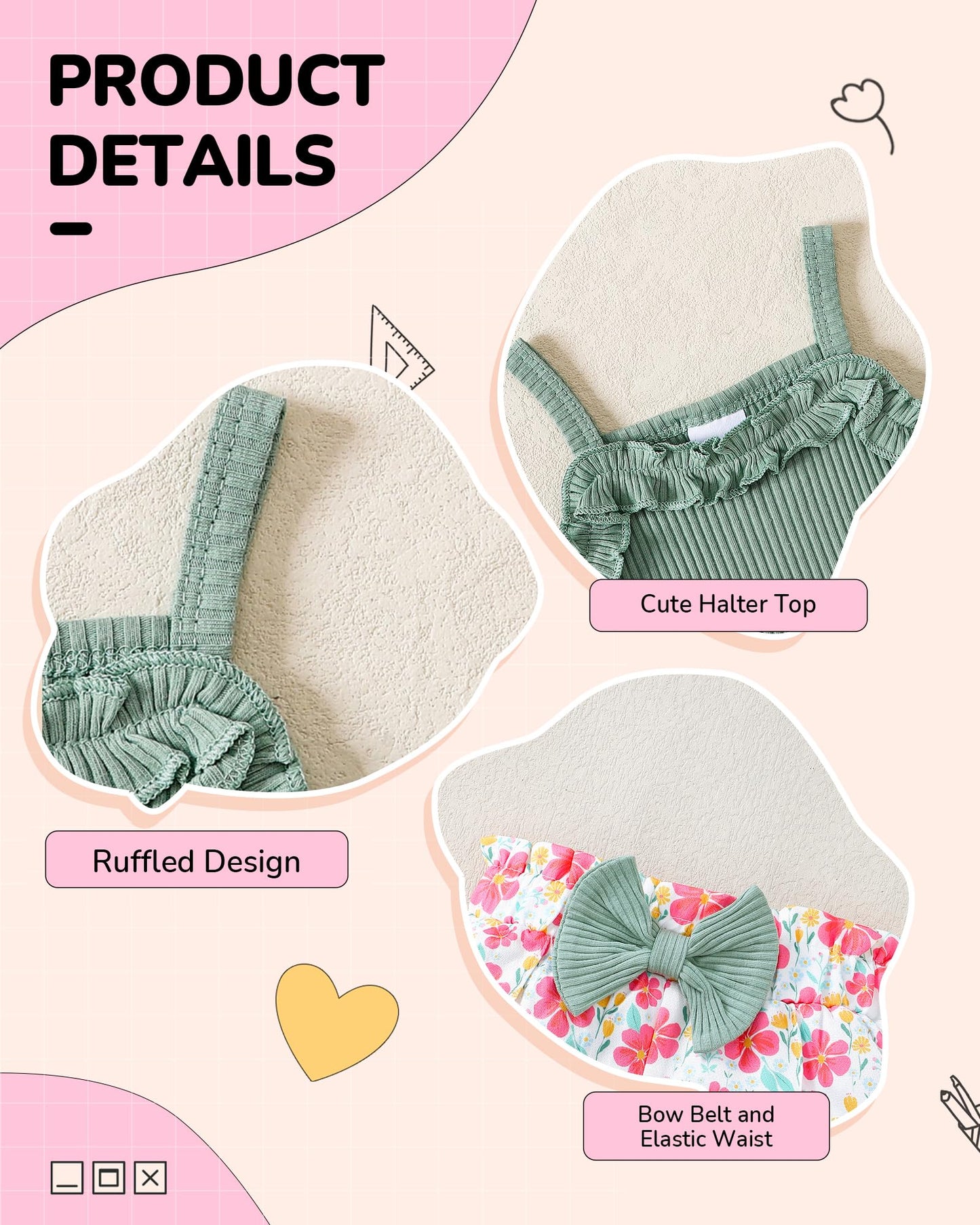 Kucnuzki Toddler Baby Girl Clothes Sleeveless Tank Tops Ruffle Halter Shirts Floral Shorts 2 Piece Set Summer Outfits