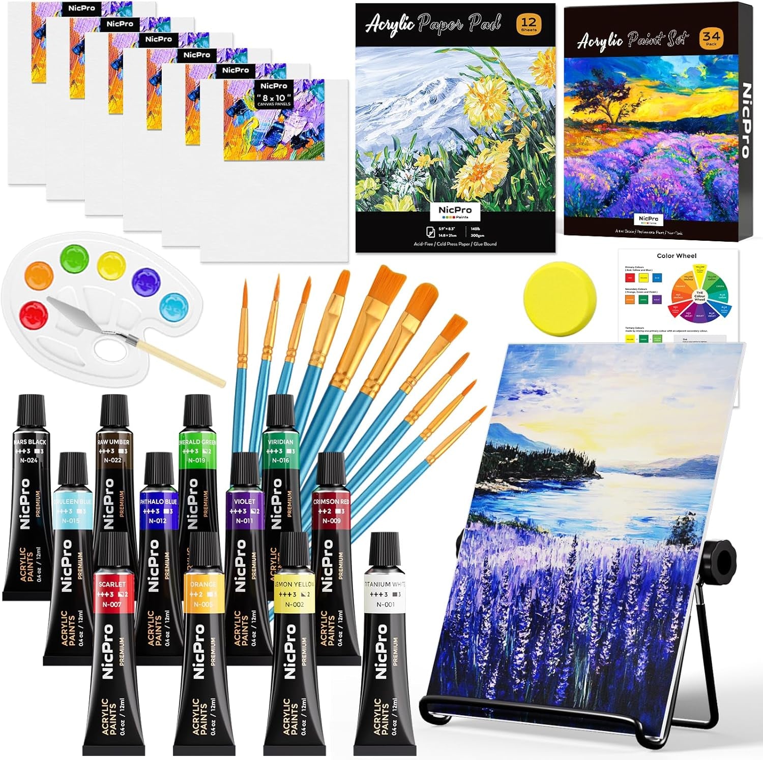 Nicpro Acrylic Paint Canvas Set for Adult & Kid, 34PCS Art Painting Supplies Kit,12 Colors Acrylic Paint,Table Easel,6 Canvas Panels,10 Brushes,Paper Pad,Sponge,Color Wheel,Palette for Artist Beginner