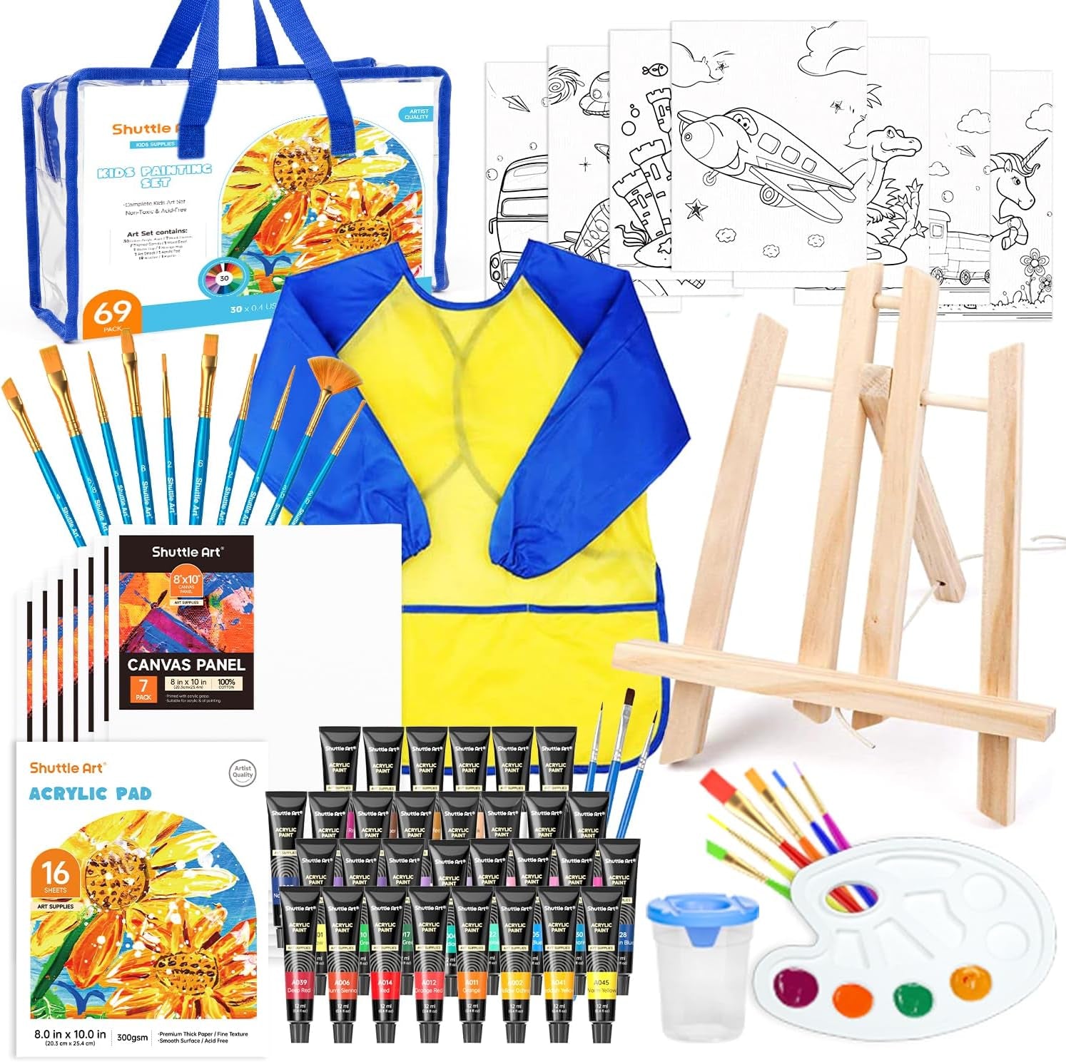69 Pack Kids Paint Set, Shuttle Art Art Set for Kids with 30 Colors Acrylic Paint, Wood Easel, Canvas, Painting Pad, Brushes, Palette and Smock, Complete Paint Set for Boys and Girls(Package May Very)