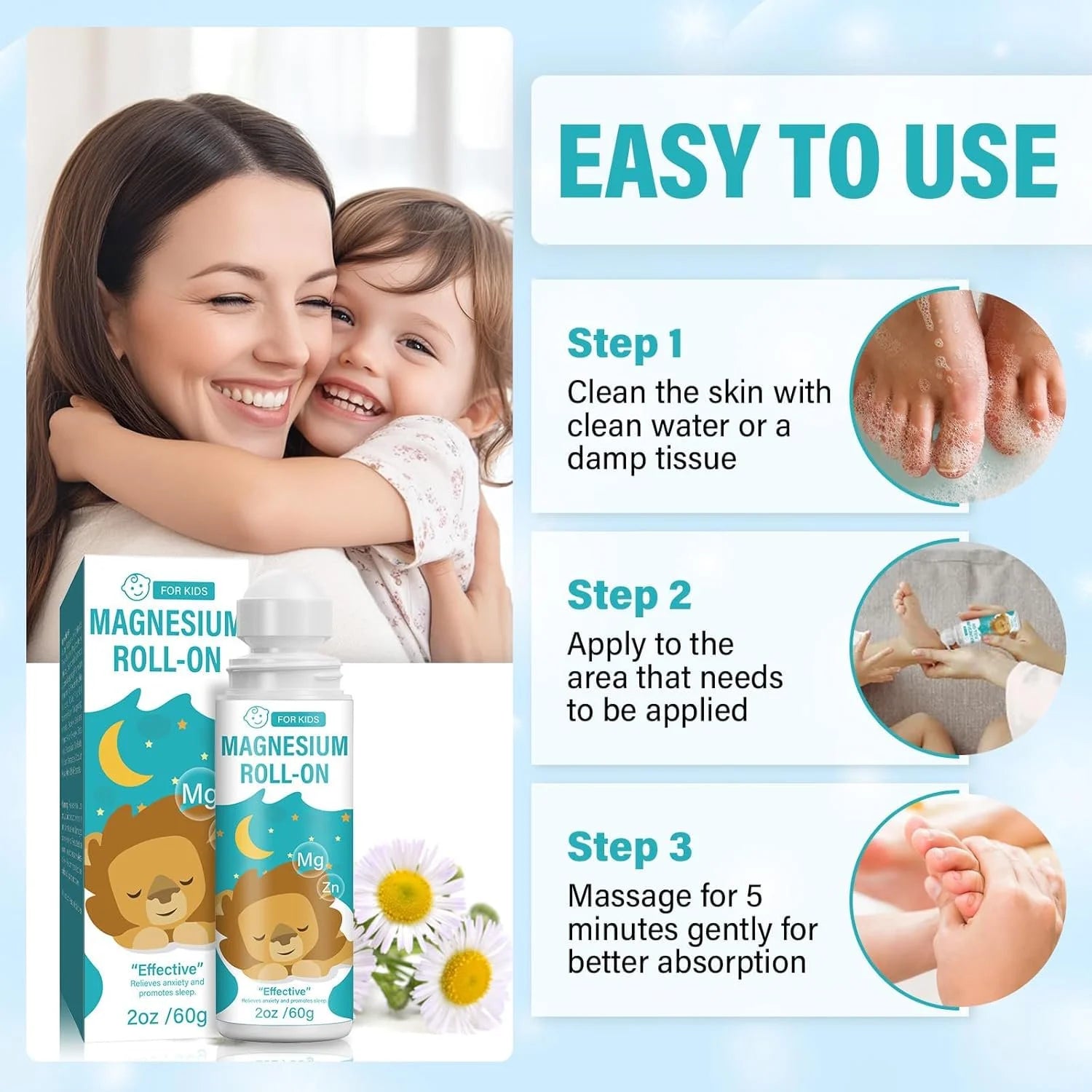 Magnesium Lotion for Kids, Roll on Magnesium Lotion for Sleep, Natural Kids Magnesium Lotion for Improving Children Bedtime & Supporting Relaxed Mood, 60 Ml